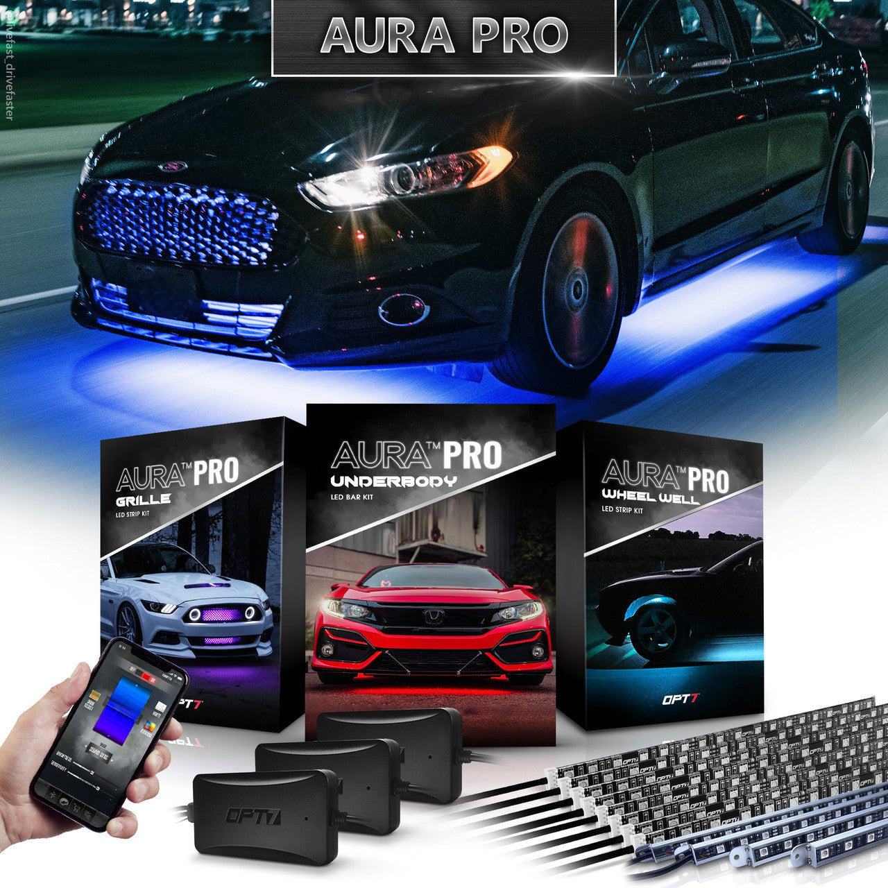 OPT7 Aura Flexible Underglow Car Lights w/Wireless Remote, Exterior Neon  Accent Underbody Lighting Kit, 4 pc LED Light Strips for Cars Trucks RV