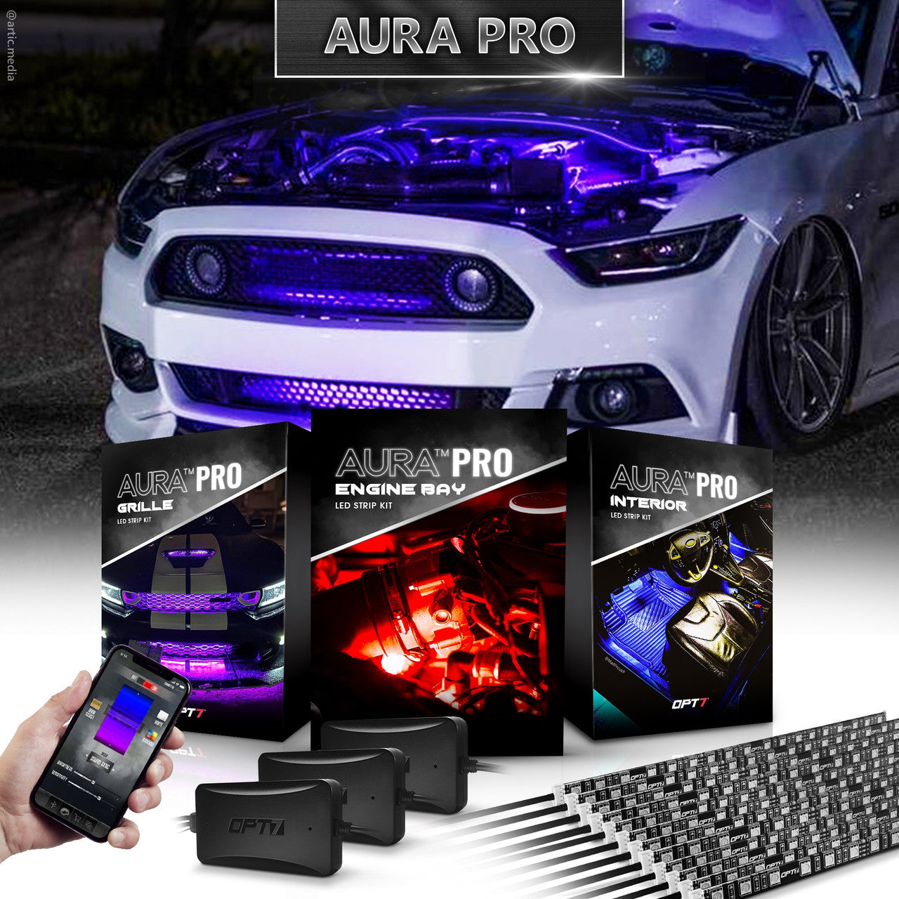 Opt7 Aura Engine Bay + Interior + Grille Bundle Package Sales Aura Pro Bluetooth Controlled (iOS & Android)